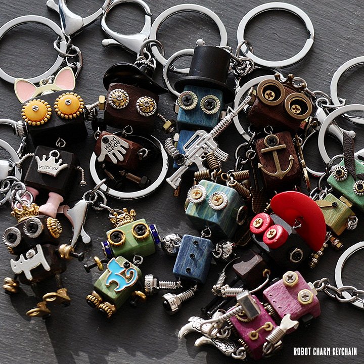キーホルダー キーリング ロボット 木製 ストラップ 真鍮 レバースナップ カジュアル ヴィンテージ レトロ 贈り物 プレゼント パティ