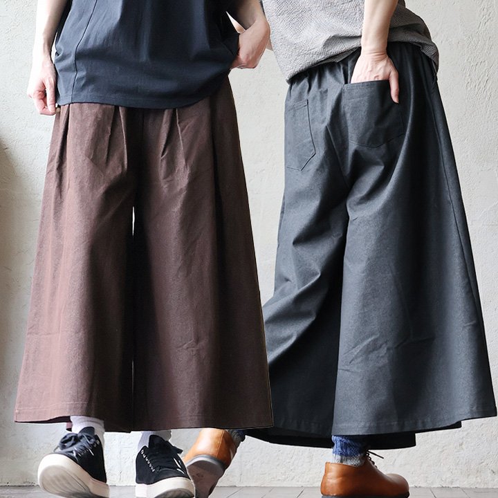 ガウチョパンツ ワイド フレア コットン ポリエステル スラブツイル 軽い ウエストゴム 大きいサイズ 体型カバー パティ