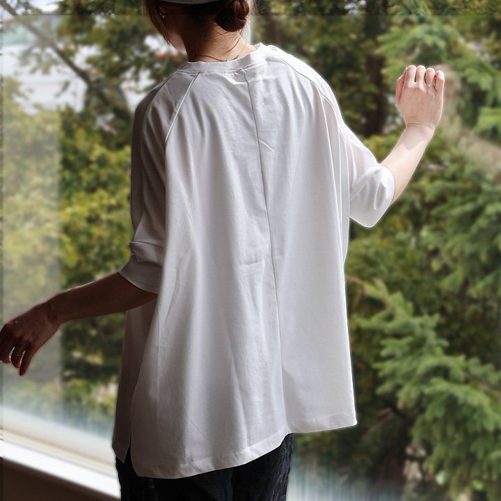 Tシャツ 5分袖 ワイド お尻 隠れる ドルマン 後ろ ラグラン スクエアシルエット なめらか スムース
