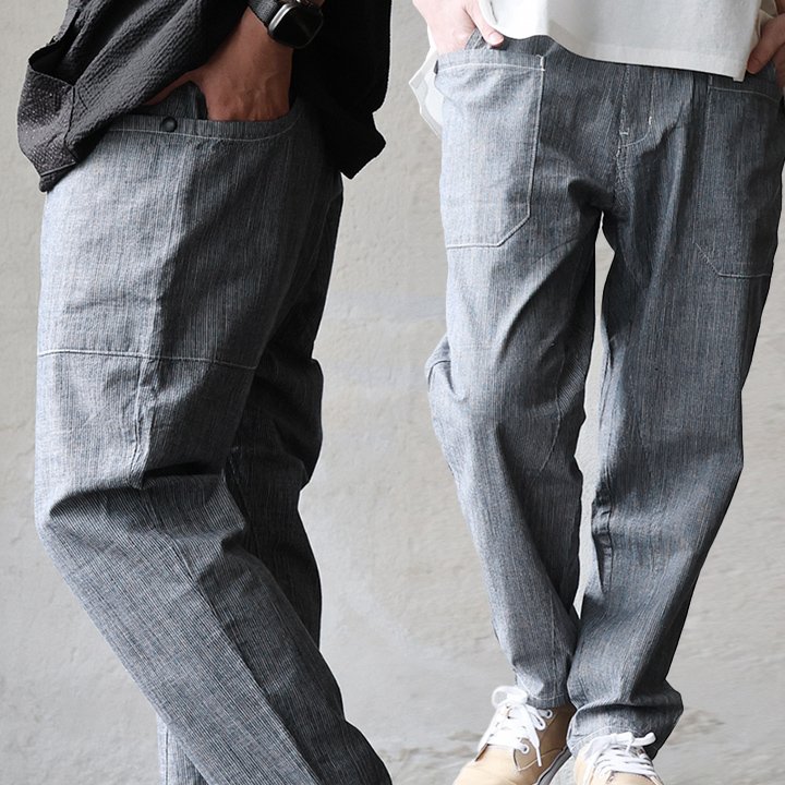パンツ テーパード ガーデニングパンツ イージーパンツ ストライプ 綿100 コットン 薄手 軽い ウエストゴム パティ