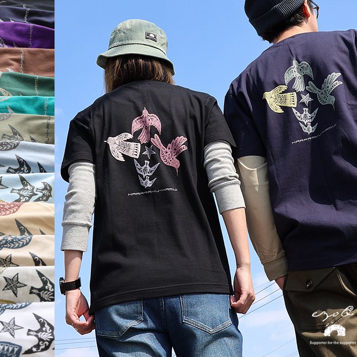 ezo& tシャツ 半袖 コットン 綿100％ カジュアル カララクカムイ アイヌ バック プリント ボックスシルエット パティ ezo＆ エゾト