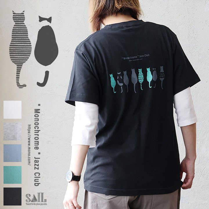 tシャツ 半袖 コットン 綿100％ カジュアル モノクローム ジャズ 猫 バック プリント ボックスシルエット パティ セイル