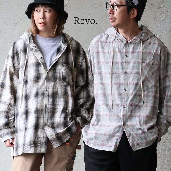 レボ(REVO.) チェックシャツ 長袖 フード付き 綿100 コットン 重ね着 羽織り ゆったり 大きいサイズ 体型カバー パティ