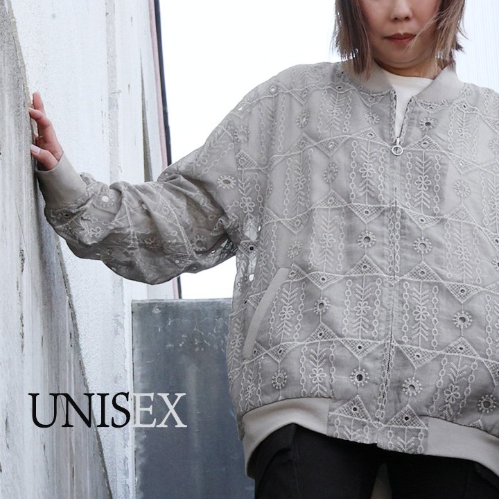 レボ(REVO.) ブルゾン 長袖 ジャガード風 刺繍 ネイティブ柄 シアー 透け 軽い リブ切り替え ゆったり カジュアル パティ