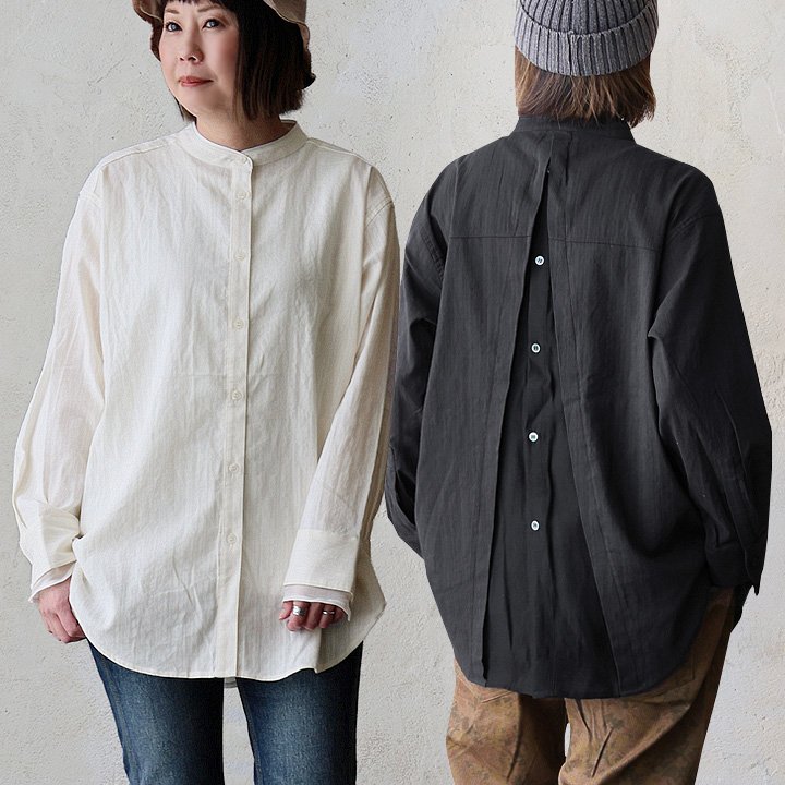 シャツ 長袖 バンドカラー 薄手 異素材切り替え コットン 綿100 シアー 透け感 軽い 体型カバー カジュアル パティ