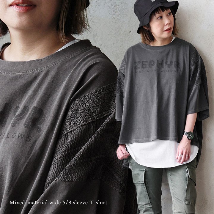Tシャツ 5分袖 クルーネック プリント 大判チェック レース 異素材切り替え 綿100 コットン シアサッカー 通気性 体型カバー パティ