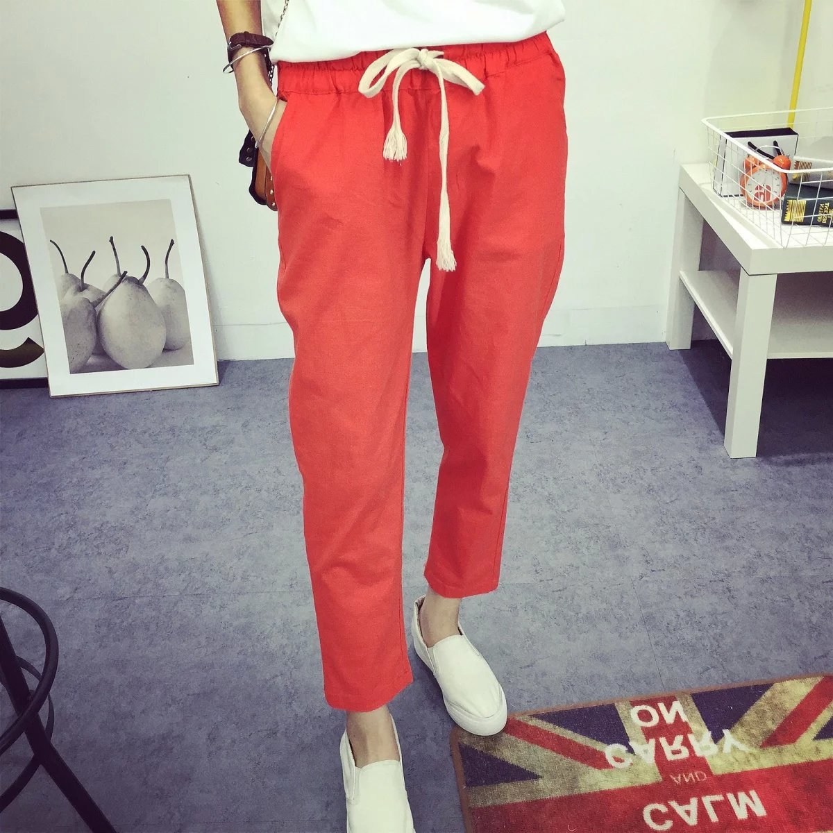  tapered pants 9 minute height lady's bottoms long pants plain waist rubber standard kala burr abundance simple stylish outing commuting travel girl 