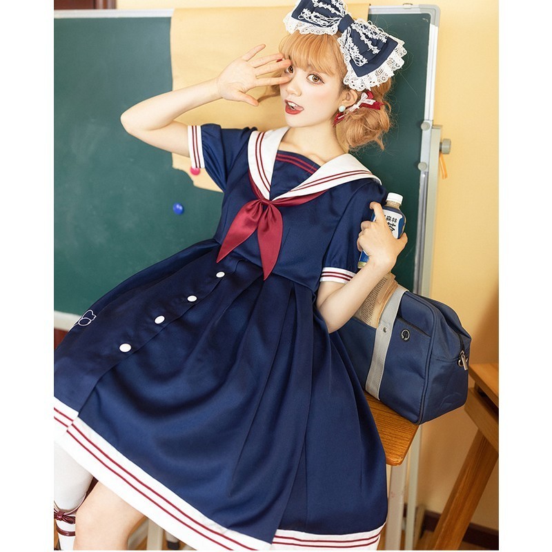 国産 コスチューム ワンピース ロリータ ゴスロリ コスプレ ゴシックロリータ レディース 婦人服 衣装 ドレス 半袖 セーラーカラー 制服風 マリンテイス 上質で快適 Blog Lonolife Com