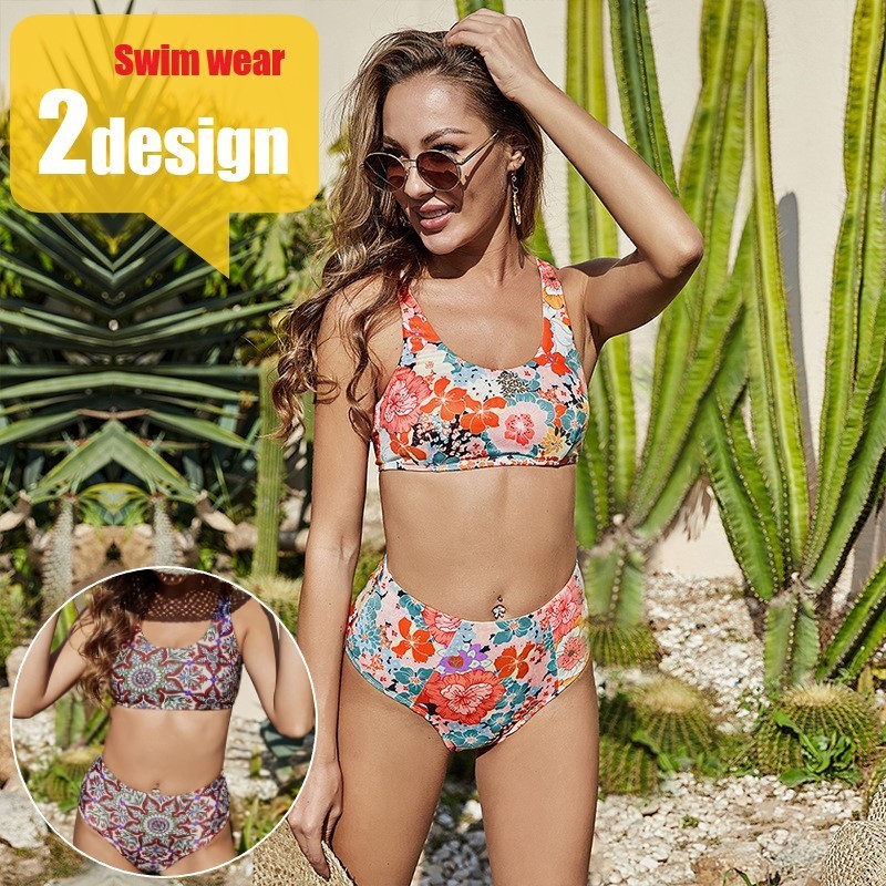 送料無料 水着レディースビキニフロントクロスフラワー柄 ハイウエストワンピ ース 若者の大愛商品