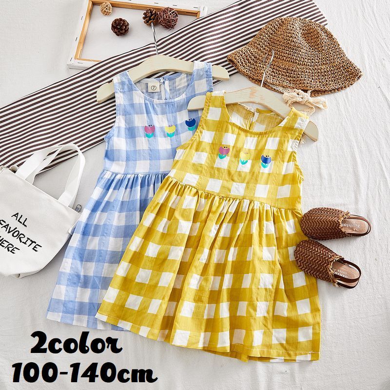 ワンピース ノースリーブ キッズ ジュニア 子供 女の子 フレア ギンガムチェック イラスト プリント 花 フラワーかわいい おしゃれ お出かけ プラスナオ Paypayモール店 通販 Paypayモール