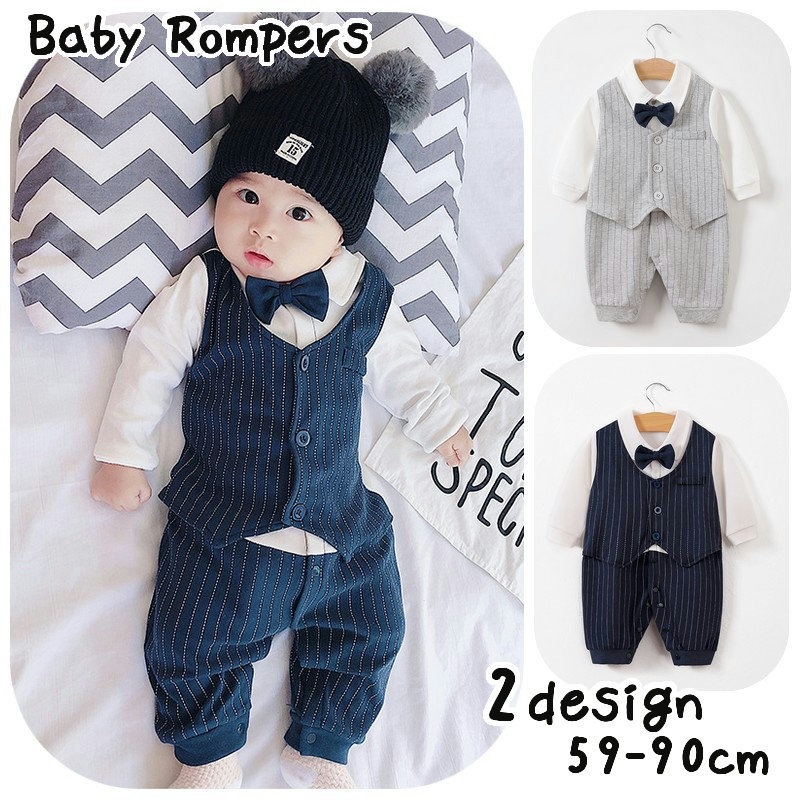 21激安通販 ロンパース カバーオール フォーマル 子供服 ベビー キッズ 新生児 赤ちゃん 男の子 半袖 襟付き 蝶ネクタイ ストライプ チェック柄 重ね着風 フ Columbiatools Com