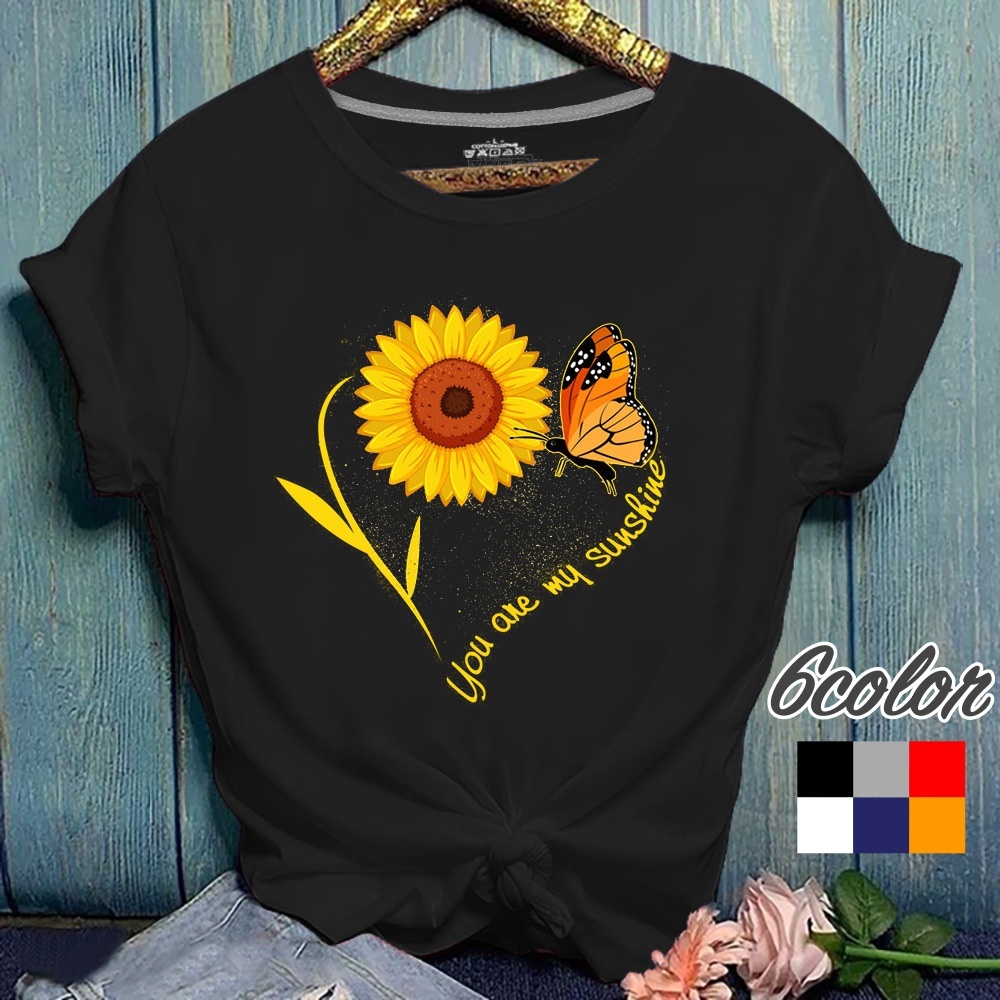 Tシャツ レディース 女性 半袖 ラウンドネック ひまわり 蝶 イラスト プリント 英字ロゴ シンプル お洒落 可愛い お出かけシーン 普段使い 女子 プラスナオ Paypayモール店 通販 Paypayモール