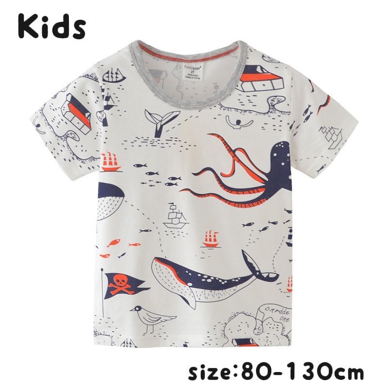 Tシャツ カットソー 子供服 半袖 プルオーバー 丸首 丸襟 トップス 魚 タコ 海 プリント キッズ 男の子 女の子 女児 こども服 ラウンドネック プラスナオ Paypayモール店 通販 Paypayモール