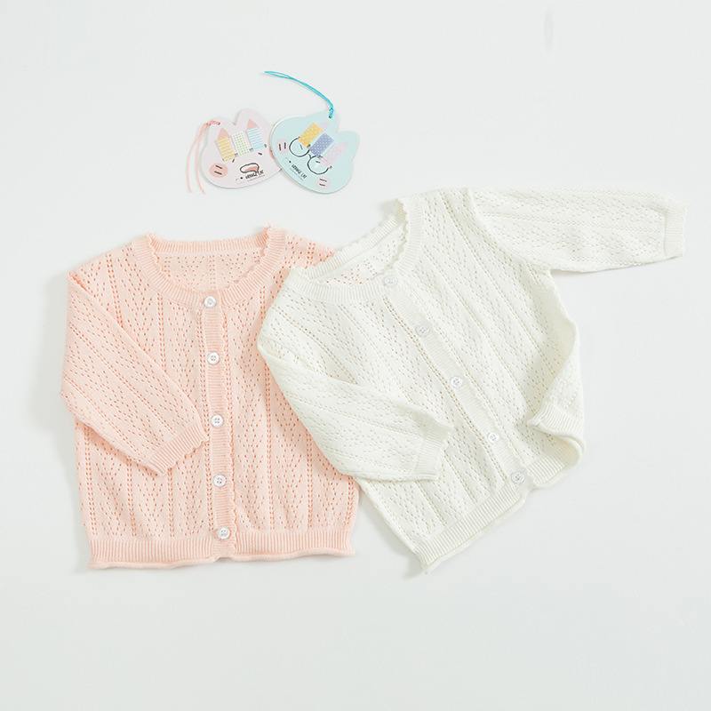  кардиган вязаный длинный рукав детская одежда Kids ребенок одежда девочка tops ... плетеный передний открытие кнопка раунд шея перо ткань младенец тонкий простой 