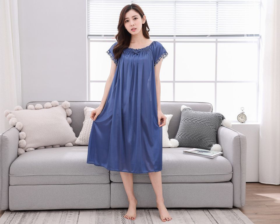  negligee short sleeves pyjamas room wear One-piece long height lady's easy woman stylish lovely midi height knees under elegant gya The -