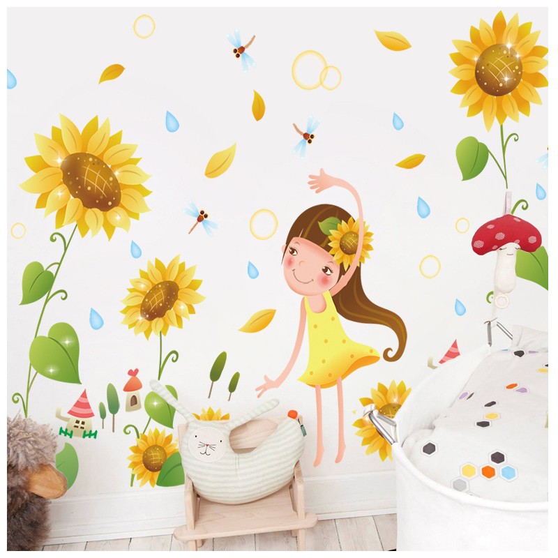 ウォールステッカー ウォールシール 壁シール 壁紙シール 壁面装飾 壁装飾 室内装飾 ヒマワリ ひまわり 向日葵 お花 フラワー 女の子 トンボ イン プラスナオ Paypayモール店 通販 Paypayモール