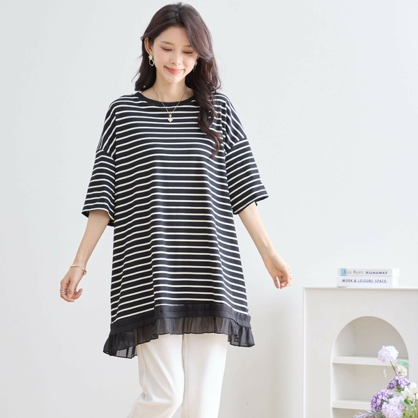  tops L~LL большой размер кромка оборка окантовка туника cut and sewn женский короткий рукав свободно размер лето /N12-642