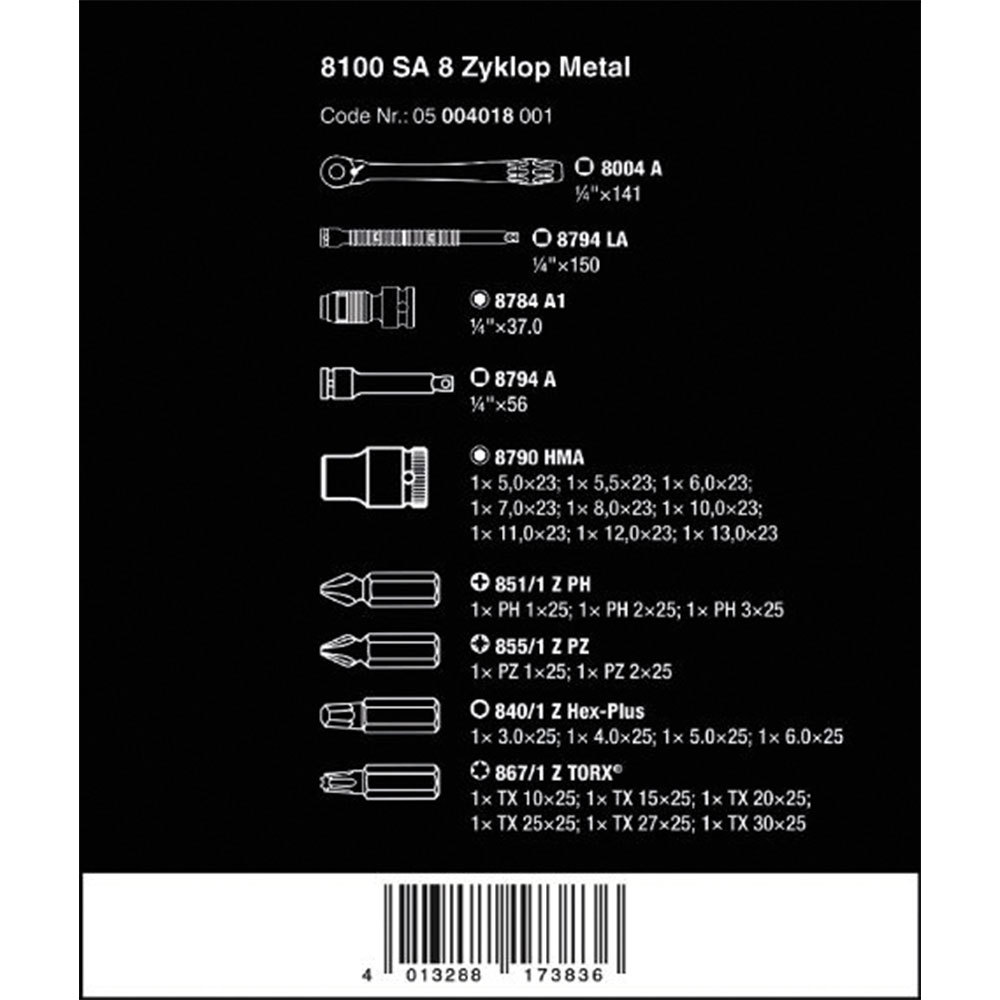 WERAvela1/4" bit набор трещеток 8100 SA 8 Zyklop Metal Ratchet Set ( номер образца :05004018001)