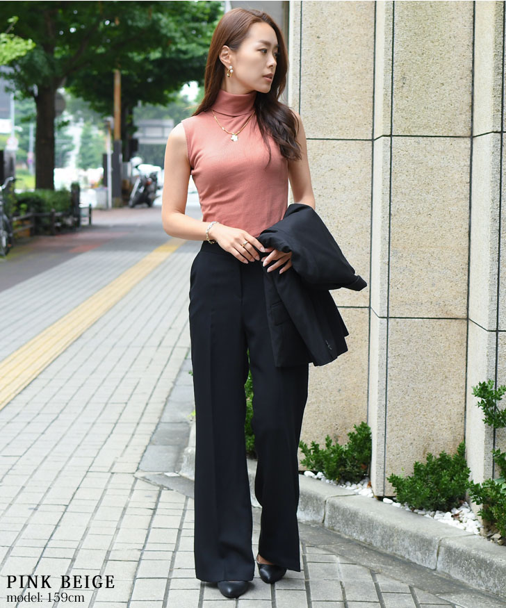  no sleeve lady's tank top tops T-shirt cut and sewn stylish plain casual summer simple ta-toru neck high‐necked bottleneck knitted 