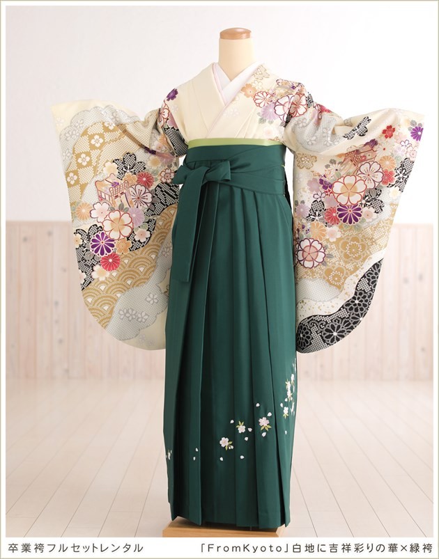 卒業式 女 袴レンタル Oh5047 女袴フルセット 大学 短大 専門学校 謝恩会 着物レンタル 卒業袴 二尺袖 Fromkyoto ブランド 白地に吉祥彩りの華 緑袴 Oh5047 貸衣裳ぽえむ 通販 Yahoo ショッピング