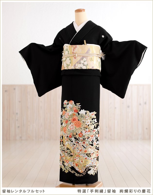 留袖レンタル 手刺繍 ts198 黒留袖 結婚式 母親 フルセット 留め袖 留袖レンタル 手刺繍 ts198 黒留袖 結婚式 母親 フルセット 留め袖