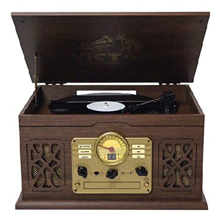 VICTOR State 7-in-1 Turntable Music Center with 3-Speed Record Player, CD/MP3/Cassette Player, FM Radio, Dual Bluetooth in & Out, and Built-in Stereo