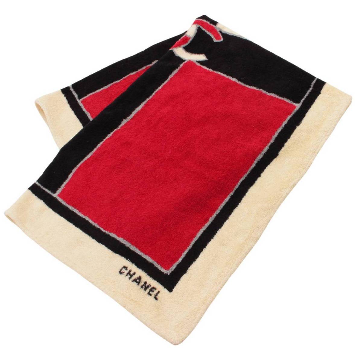 [ Chanel ]Chanel here Mark multicolor art beach towel ivory × red [ used ][ regular goods guarantee ]123763