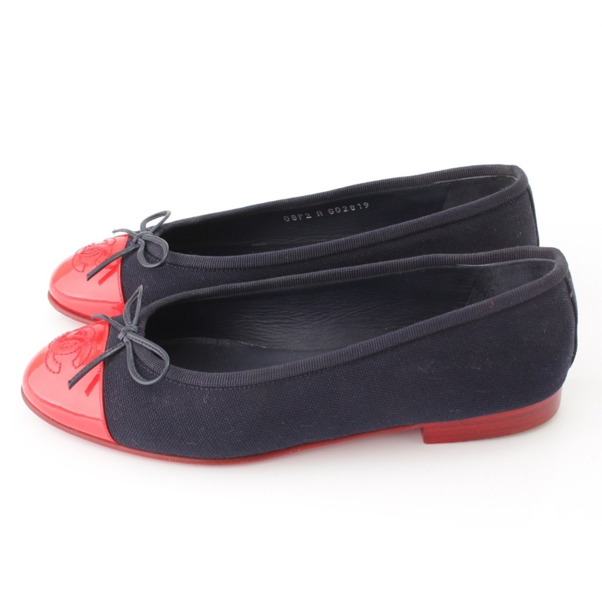 [ Chanel ]Chanel here Mark canvas ribbon Flat pumps G02819 navy 35 [ used ][ regular goods guarantee ]57832