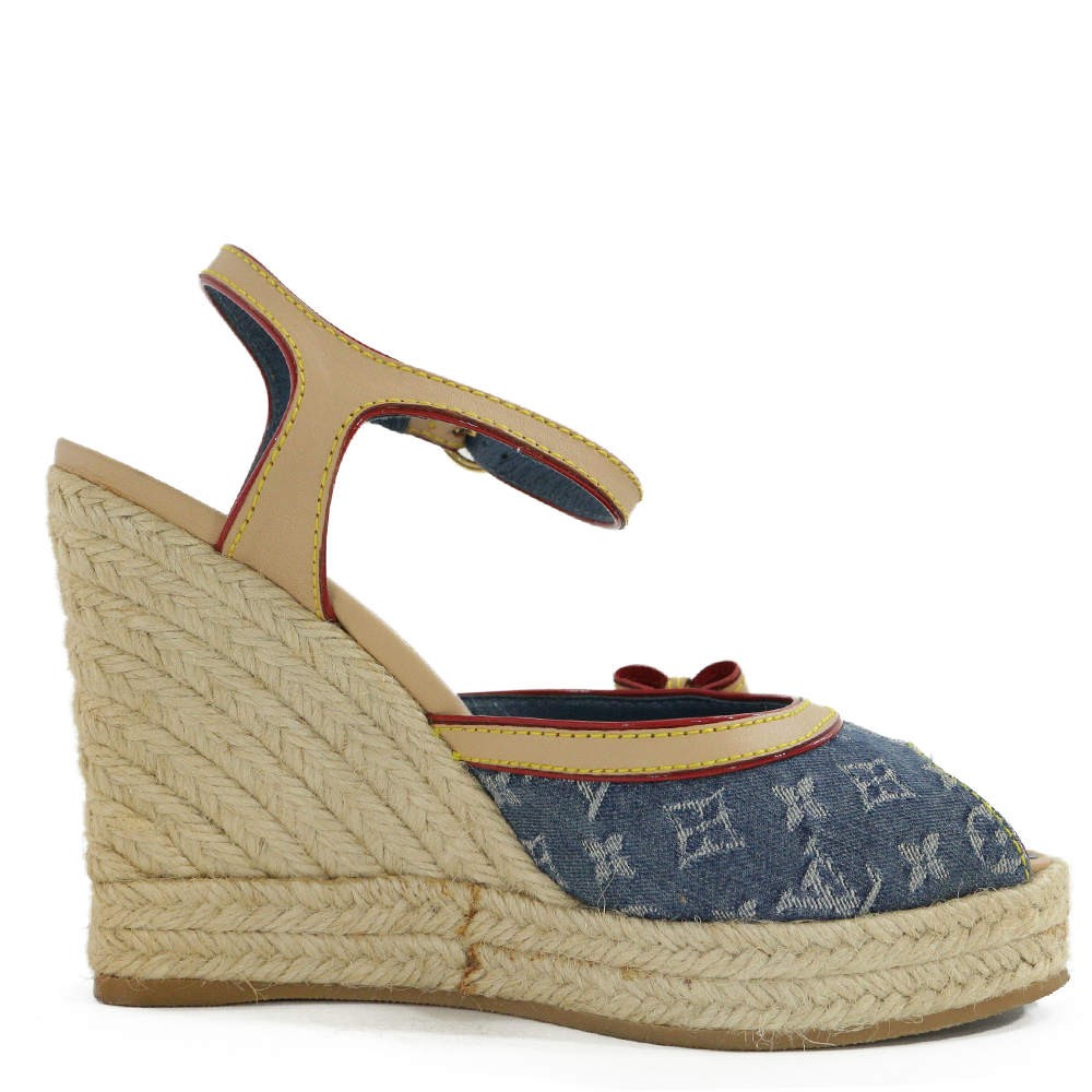  Louis Vuitton монограмма * Denim * открытый tu Wedge подошва * сандалии обувь / голубой × бежевый /LOUIS VUITTON на следующий день рассылка возможно /208641