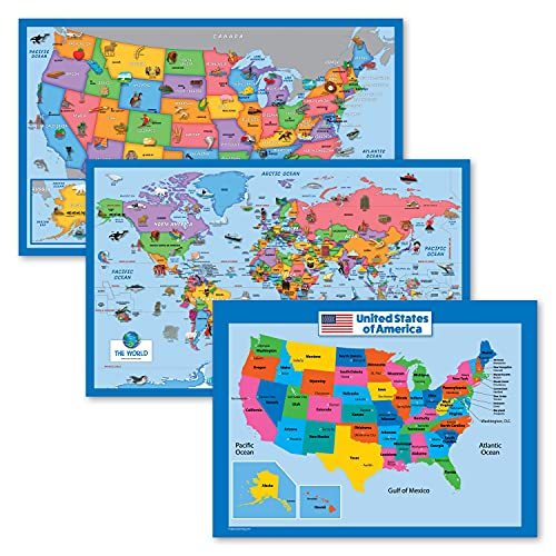 高速配送 3パック イラスト付き世界地図 Usa地図 子供用 子供用アメリカ地図ポスター 18x24 ラミネート 18x29インチ 豪華 Www Hhib Com Br