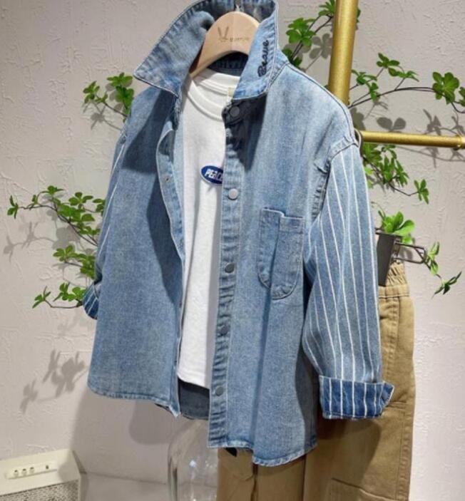  Kids Denim рубашка Denim блуза длинный рукав переключатель полоса рисунок свободно ребенок одежда мужчина Denim внешний перо ткань весна осень тонкий посещение школы kajua