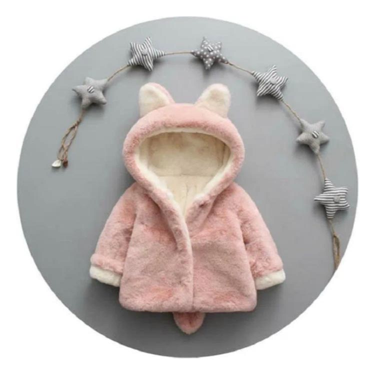  baby clothes coat jacket outer short .... nappy with a hood . reverse side f lease thick protection against cold heat insulation winter girl child rabbit ear Kids pa-