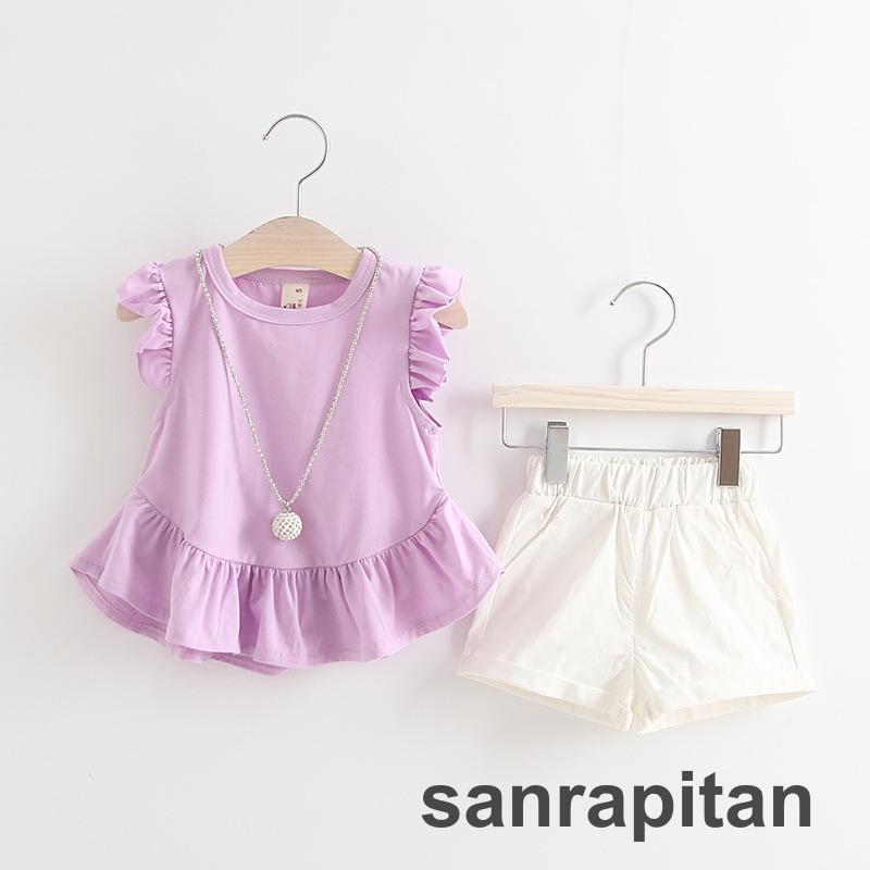  выставить верх и низ в комплекте ребенок одежда детский девочка baby Kids tops низ блуза шорты безрукавка раунд шея оборка 