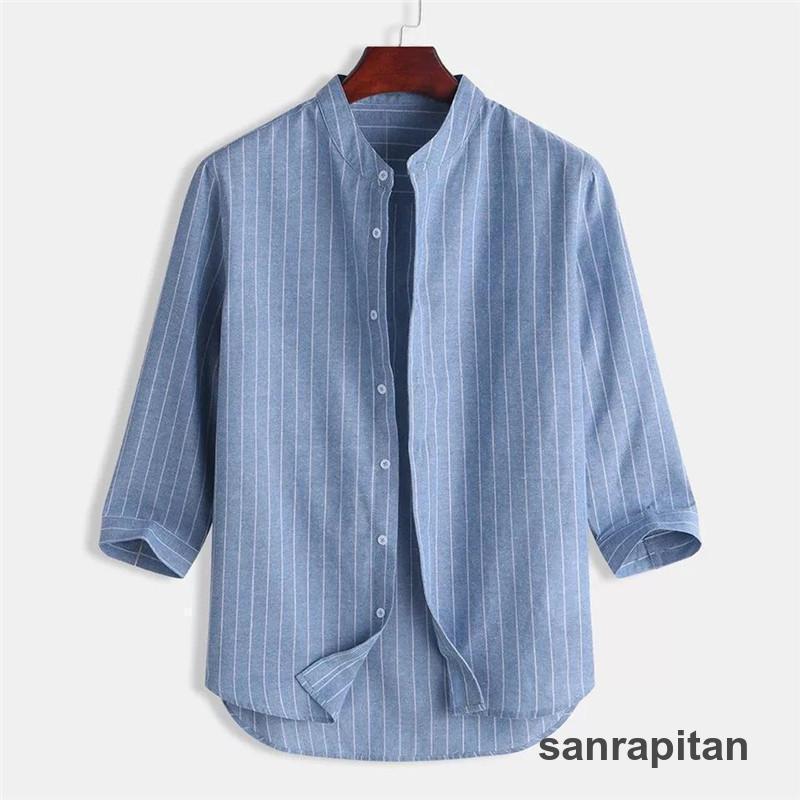 ! 7 minute sleeve shirt men's casual shirt stripe .. collar shirt simple plain business . collar shirt linen cotton flax stylish commuting going to school summer 