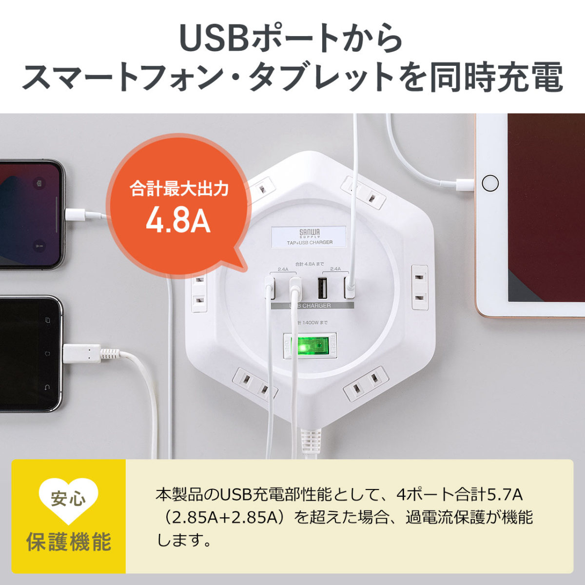 店内全品対象 電源タップ 6個口 3m 延長コード Usb付き 一括集中スイッチ付き Oaタップ コンセント 角型 コンセントタップ