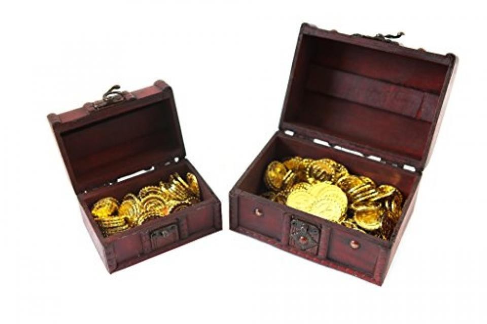 [SCGEHA] Treasure Box antique manner sea . Pirates fortune . treasure case wooden gold coin .. Gold coin ( Treasure Box small + gold coin 50 sheets )