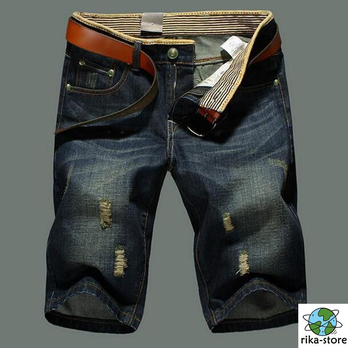  Denim брюки джинсы шорты повреждение обработка шорты мужской тонкий укороченные брюки тонкий шорты стрейч короткий хлеб 