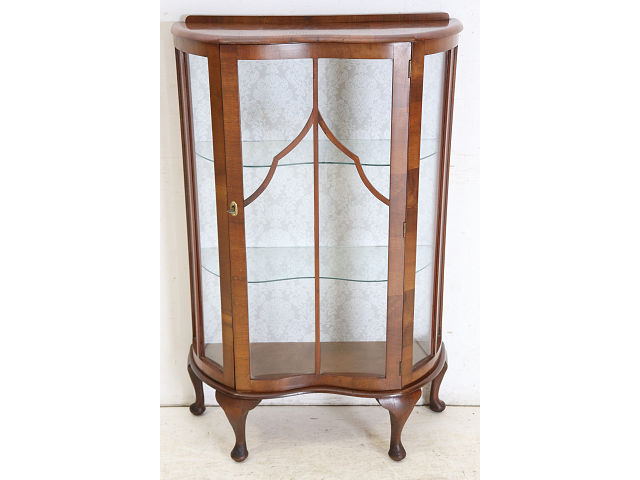 ce-26 1960 period England made Vintage walnut small size glass cabinet display shelf cabinet 