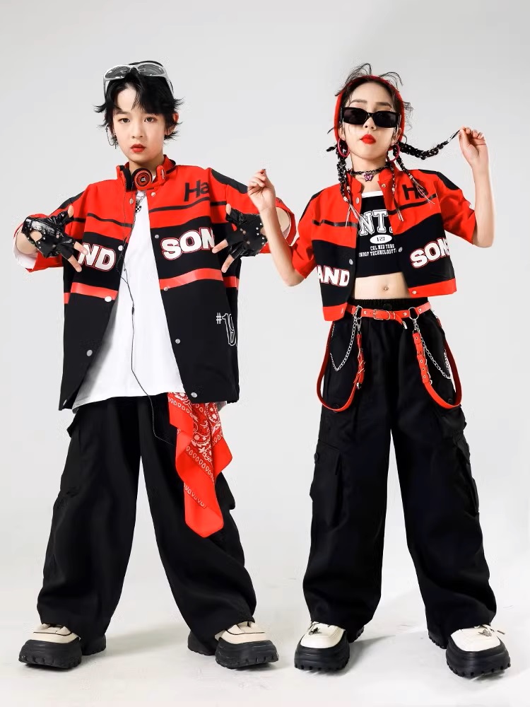  hip-hop costume dance costume Kids setup K-POP Korea Racer manner jacket pants skirt red black child Dance clothes Dance wear 