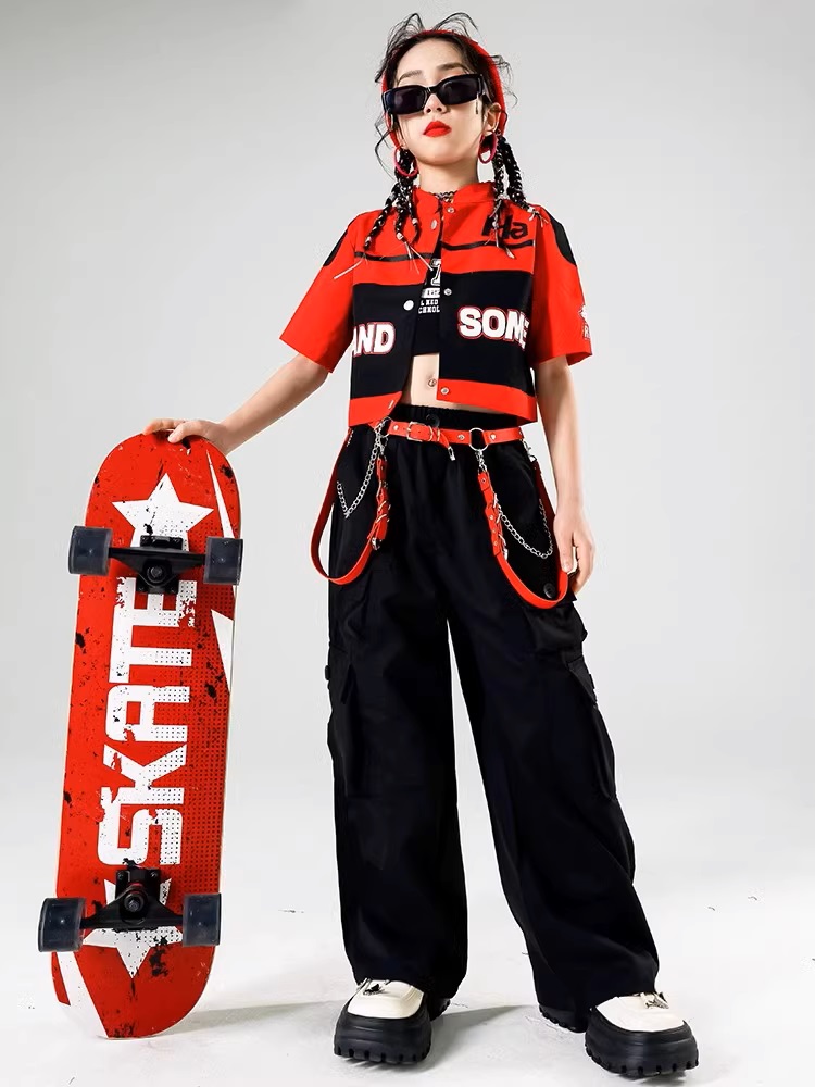  hip-hop costume dance costume Kids setup K-POP Korea Racer manner jacket pants skirt red black child Dance clothes Dance wear 
