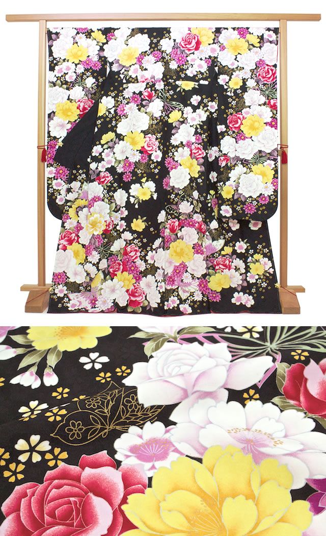 359黒振り袖【古典熨斗文様花尽】【振り袖6点フルセット】成人卒業謝恩会結婚式 359黒振り袖【古典熨斗文様花尽】【振り袖6点フルセット】成人