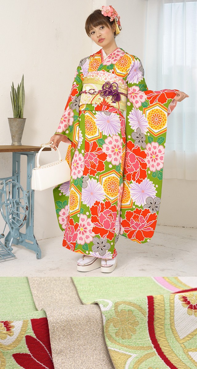 振袖 セット 未仕立て 仮絵羽 黄緑 イエローグリーン 牡丹 菊 亀甲 花 