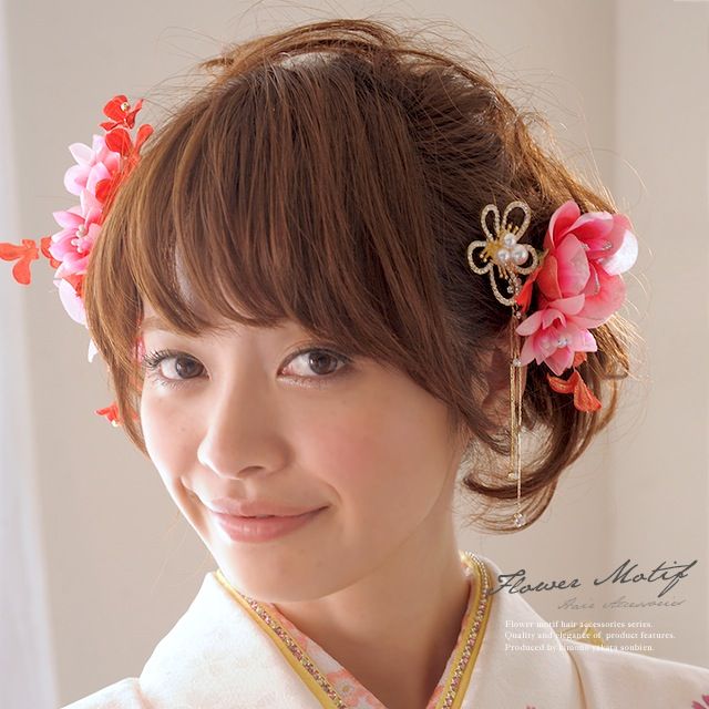 市場 女の子 花 七五三 3本セット ヘアピンタイプ 七歳 髪飾り 結婚式 赤色