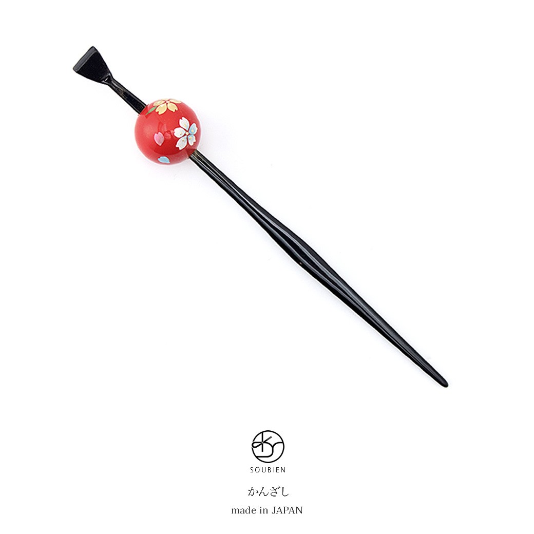 玉簪 かんざし 赤 レッド 黒 ブラック 玉飾り 桜 花 シンプル レトロ