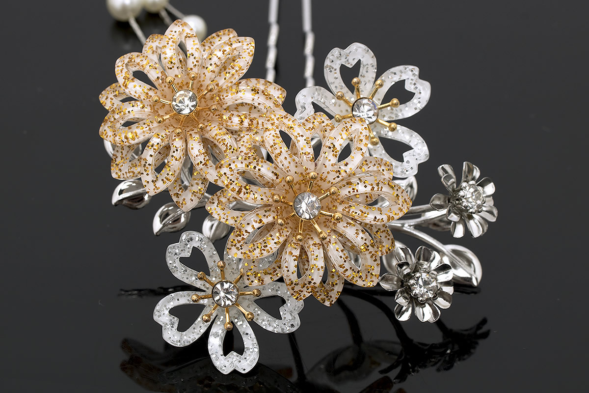 簪 白系 ホワイト 金 銀 シルバー 桜 菊 花 フェイクパール ライン