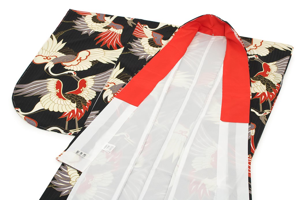 袴用二尺袖着物 ブランド 和風館 黒 ブラック 白 ホワイト 鶴 小振袖 