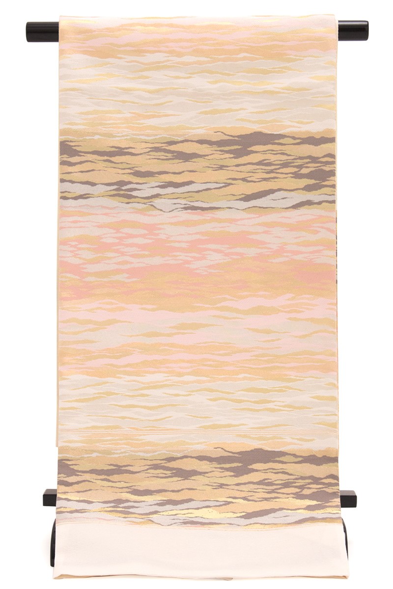 未仕立て】 袋帯 白 アイボリー 金 ピンク 雲 天象文様 かすみ織 正絹  