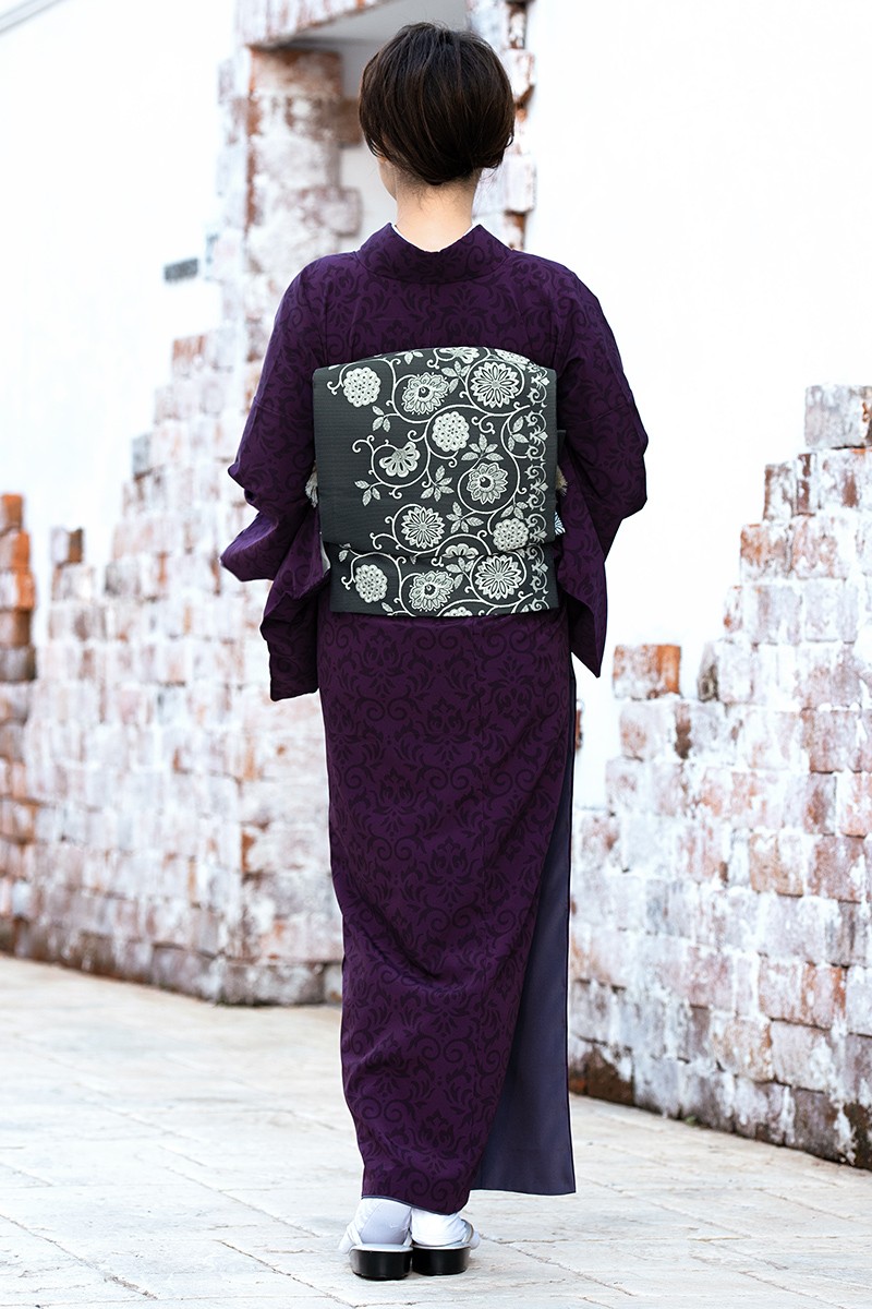 プレタ着物 袷着物 紫 パープル 花唐草 更紗 モダン 地模様 小紋 プレタ着物 袷着物 紫 パープル 花唐草 更紗 モダン 地模様 小紋