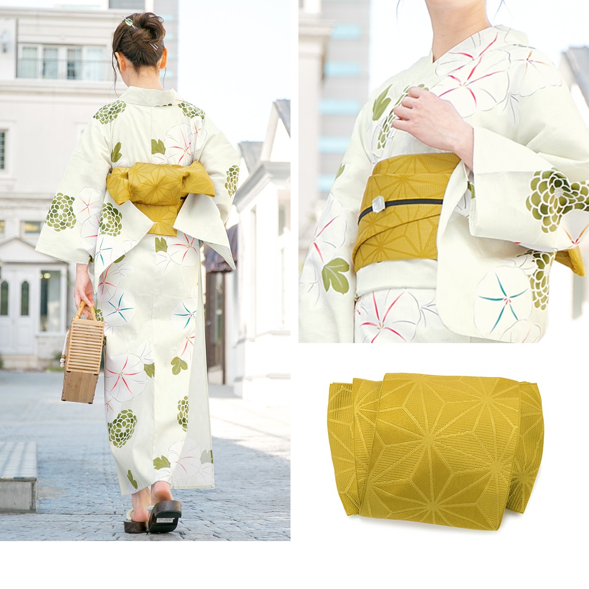浴衣 セット レディース レトロ 浴衣セット 3点セット 黄緑系 白