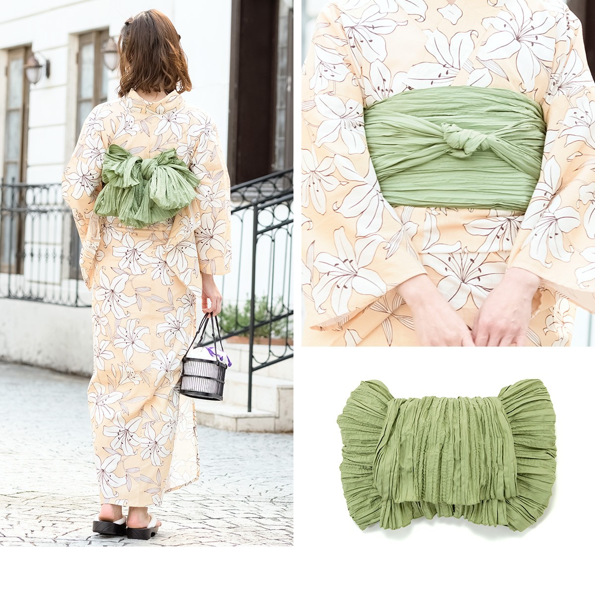 美品　浴衣　百合に萩模様　白×モスグリーン×赤　定価¥15180 n3-brand1096ok_1.jpg